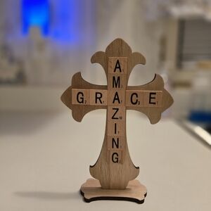 Wooden Cross with Scrabble Tiles - Amazing Grace